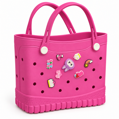 Large Pink EVA Tote Bag with Decorative Charms