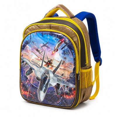 Kids Fighter Jet School Backpack – Brown, Yellow & Blue