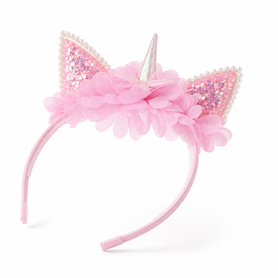 Girls’ Pink Unicorn Flower Headband with Glitter Ears