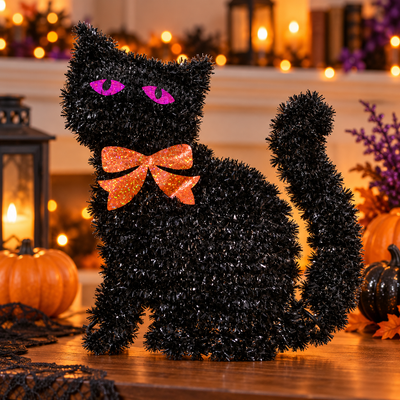 Black Tinsel Halloween Cat Decoration with Glitter Bow