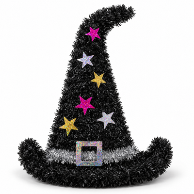 Halloween Tinsel Witch Hat Decoration – Black with Glitter Stars
