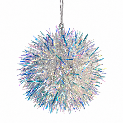 Silver Iridescent Tinsel Ball Christmas Ornament | Mr Panda