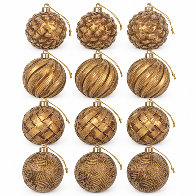 Gold Christmas Baubles & Pinecone Ornaments 12pc | Mr Panda