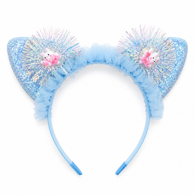 Girls’ Blue Glitter Cat-Ear Headband with Tinsel Pom-Poms