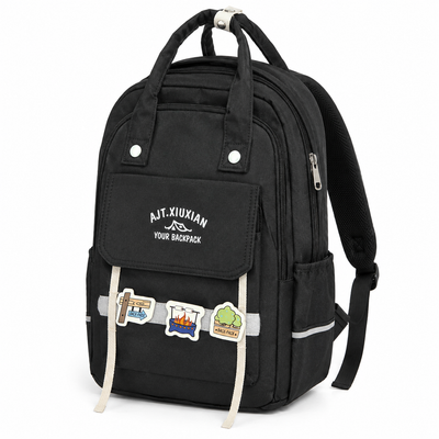 Black School Backpack with Patches | Multi-Pocket Bag
