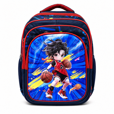 Kids’ Basketball Print School Backpack – Navy Blue & Red