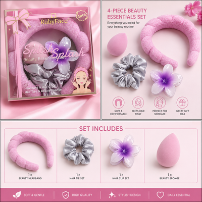 RubyFace Splish Splash 4-Piece Beauty Essentials Set – Headband, Hair Ties, Hair Clips & Beauty Sponge