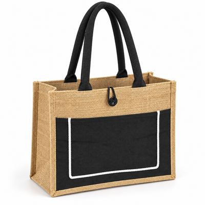 Natural Jute Tote Bag with Black Front Pocket