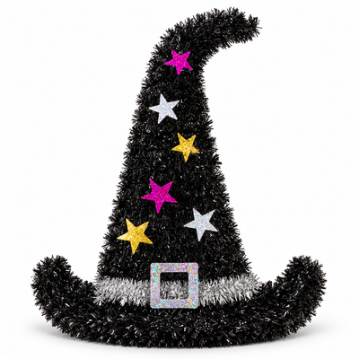 Halloween Tinsel Witch Hat Decoration – Black with Glitter Stars