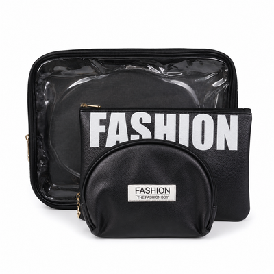 3-Piece Fashion Cosmetic and Travel Bag Set – Black