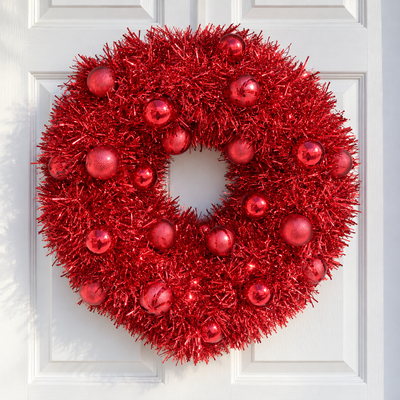 Red Tinsel Christmas Wreath with Baubles | Mr Panda
