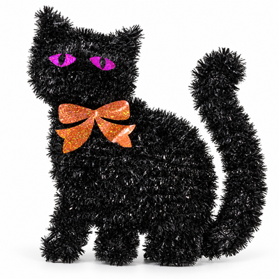 Black Tinsel Halloween Cat Decoration with Glitter Bow