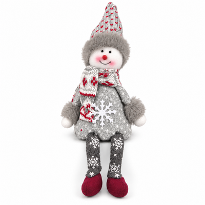 Christmas Sitting Snowman Decoration – Grey and Red