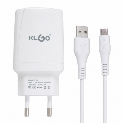 KLGO Premium USB Wall Charger with Micro USB Cable (2.4A Fast Charging) – White