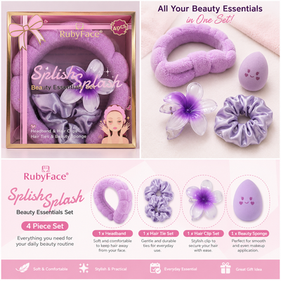 RubyFace Splish Splash 4-Piece Beauty Essentials Set – Headband, Hair Ties, Hair Clips & Beauty Sponge