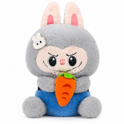 Grey Bunny Plush Toy with Carrot – Blue Outfit
