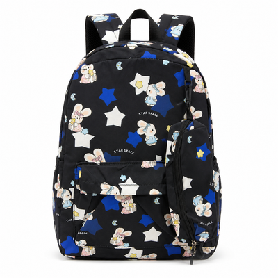 Star Space Bunny Print School Backpack – Black