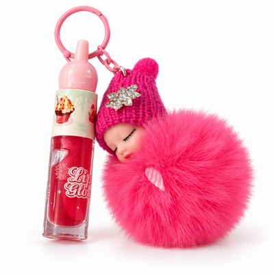 Pink Plush Doll Lip Gloss Keychain | Mr Panda