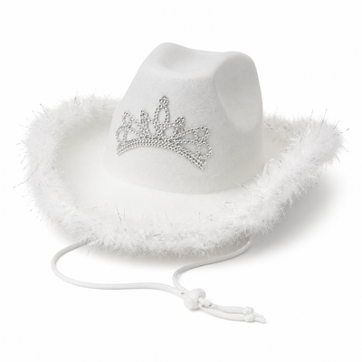 Pink Feather Cowboy Hat with Rhinestone Tiara and Chin Cord