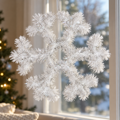 White & Silver Tinsel Snowflake Decoration | Mr Panda