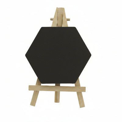 Black Hexagon Canvas Mounted On a Small Wooden Display Easel.