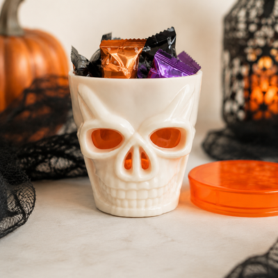 Halloween Skull Cup with Orange Lid – White