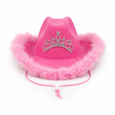 Pink Feather Cowboy Hat with Rhinestone Tiara and Chin Cord