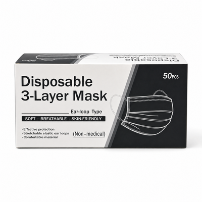 Disposable 3-Layer Black Face Masks – 50 Pack