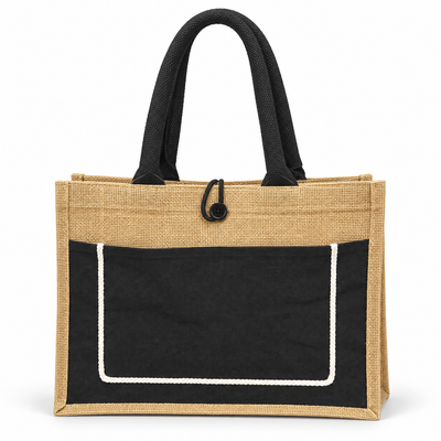Natural Jute Tote Bag with Black Front Pocket