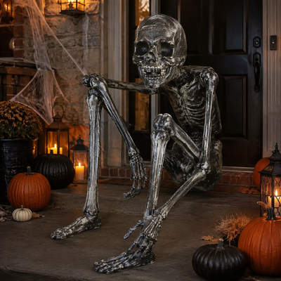 Giant Poseable Halloween Skeleton Decoration – Black & Silver