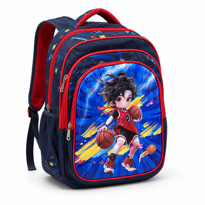 Kids’ Basketball Print School Backpack – Navy Blue & Red