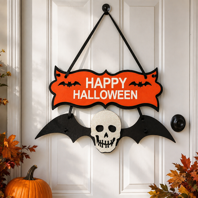 Happy Halloween Hanging Sign with Bat-Wing Skull Decoration