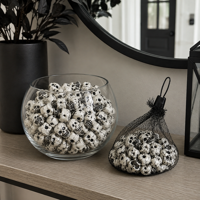 Mini Skull Decorations in Mesh Bag | Halloween Décor