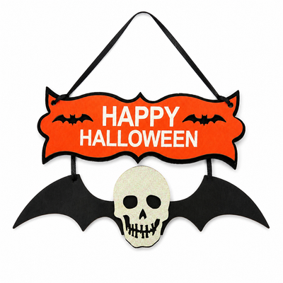 Happy Halloween Hanging Sign with Bat-Wing Skull Decoration