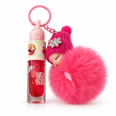 Pink Plush Doll Lip Gloss Keychain | Mr Panda