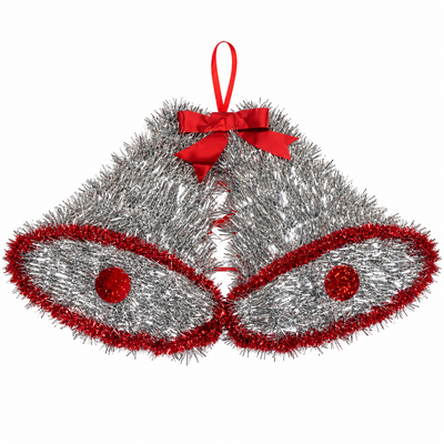 Silver & Red Double Bell Christmas Tinsel Hanging Decoration | Mr Panda