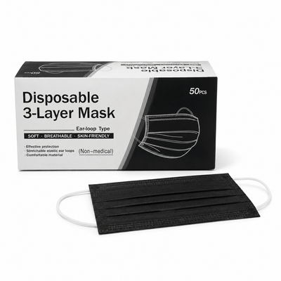 Disposable 3-Layer Black Face Masks – 50 Pack