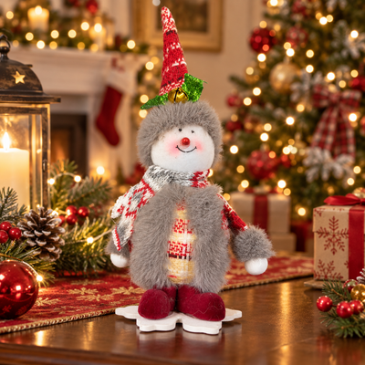 Christmas Snowman Plush Ornament on Wooden Skis