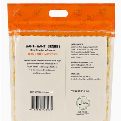 Back view of a Want-Want Senbei rice crackers snack bag, showing the orange resealable top, white printed text panel, barcode, and product details on a plain white background.